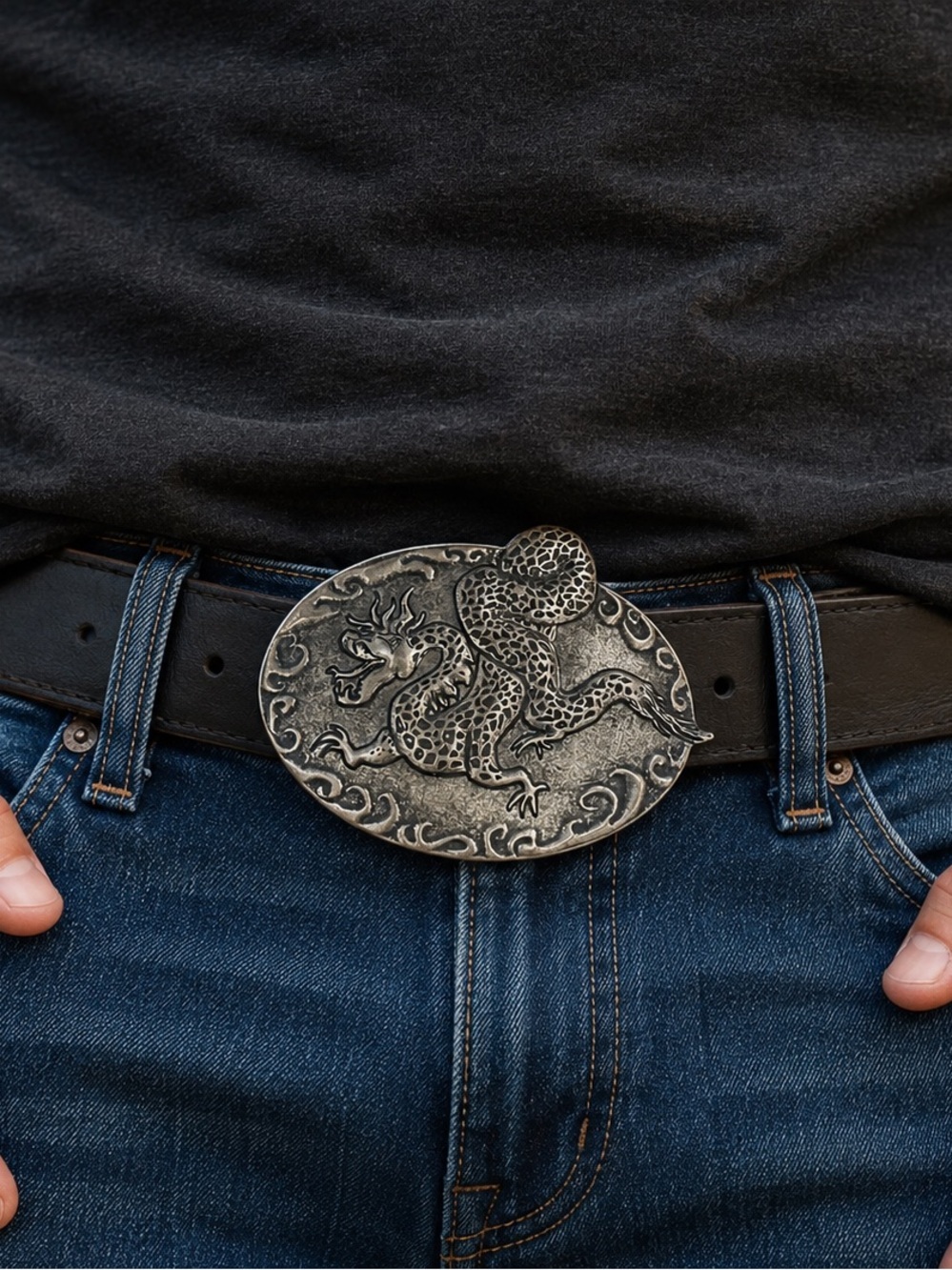 Vintage Silver Tone Dragon Asian Mythical Serpent Scroll Oval Belt Buckle*